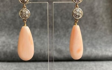 14 kt. Gold, Silver - Earrings coral - Diamond