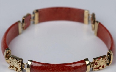 14K Gold and Red Jade Good Fortune Bracelet
