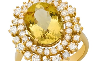 14K Yellow Gold 4.39ct Yellow Beryl and 1.63ct Diamond Ring