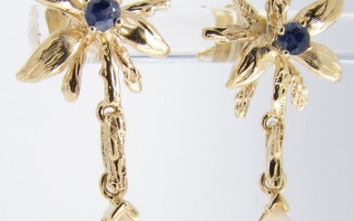 14K Yellow Gold Sapphire, Opal Drop Earrings