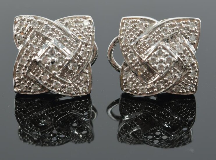 14K white gold diamond pave earrings. Interwoven