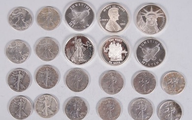 16 Walking Liberty Silver Half Dollars (1935-1947) and 6 mixed silver rounds