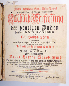 ספרו של יוהן כריסטוף בודנשץ-פרנקפורט ולייפציג, 1748-1749, כולל תחריטים המתארים את מנהגי היהודים בגרמניה.