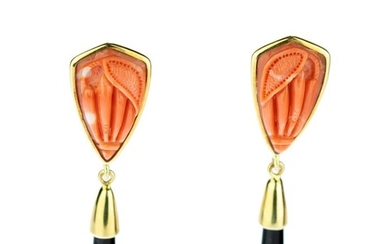 18 kt. Gold, Yellow gold - Earrings - 13.00 ct coral - black agate