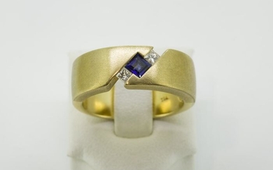 18 kt. Yellow gold - Ring - 0.10 ct Diamond - Sapphire