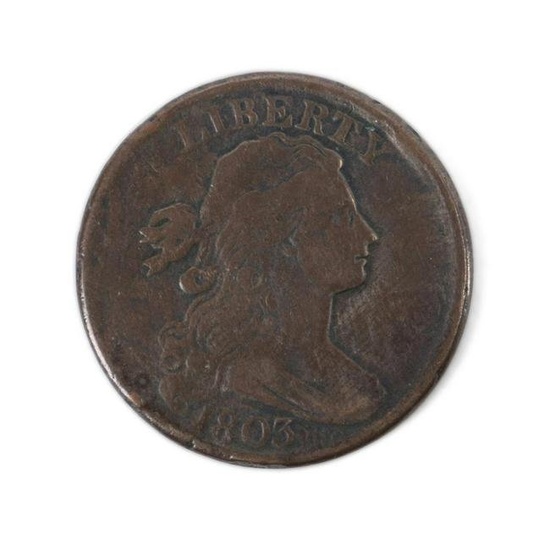 1803 US DRAPED BUST 1 CENT COIN W/ LG FRAC, F15