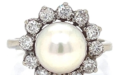 18K White Gold Cultured Pearl & Diamond Ring