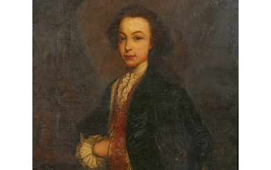 18TH CENTURY SCOTTISH SCHOOL THREE QUARTER LENGTH PORTRAIT OF A YOUNG MAN IN BLUE FROCK COAT