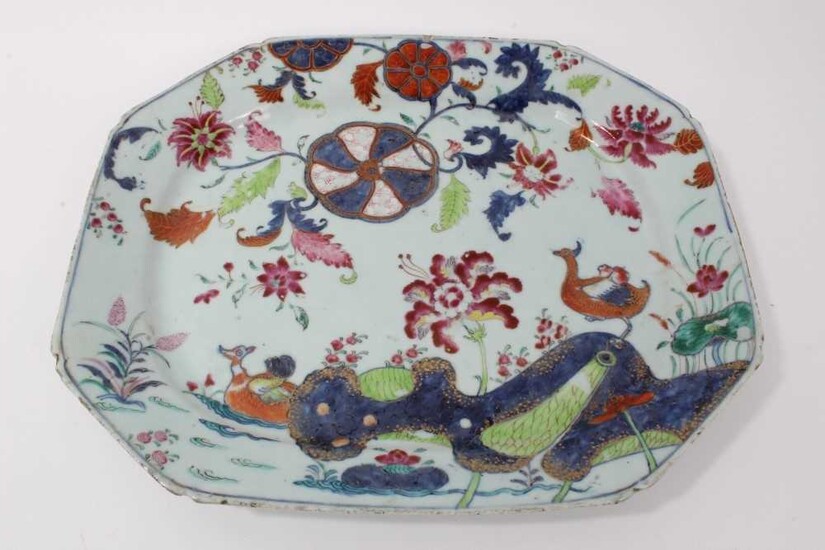 18th century Chinese tobacco leaf porcelain platter, finely decorated in famille rose enamels and underglaze blue, 40.5cm across