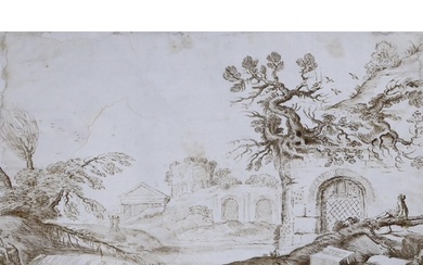 18th century Italian, old master sepia ink sketch, Landscape...