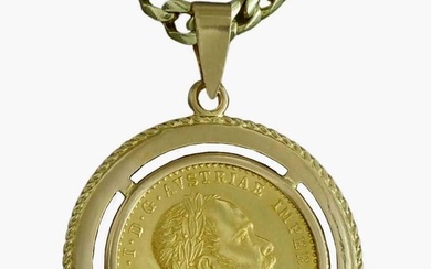 1915 AUSTRIAN 10 CORONA GOLD Restrike COIN PENDANT on a CUBAN LINK CHAIN NECKLACE A Stunning 1915