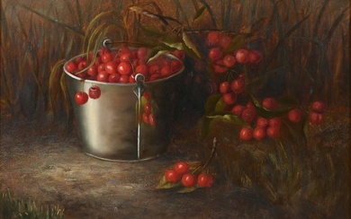 19TH-CENTURY STILL LIFE PAINTING OF CHERRIES IN A METAL PAIL