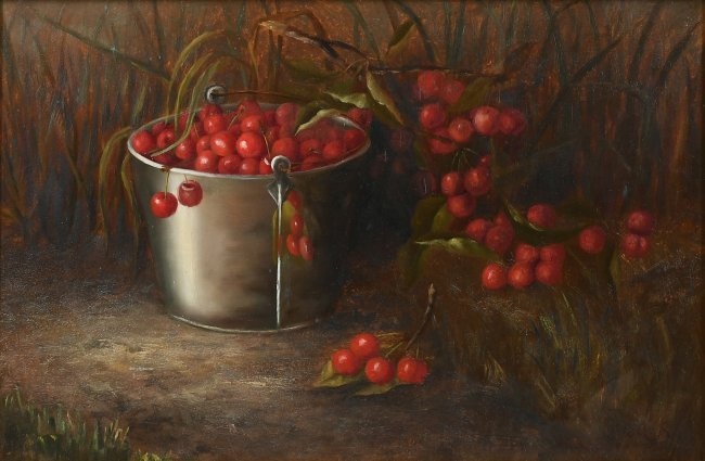 19TH-CENTURY STILL LIFE PAINTING OF CHERRIES IN A METAL PAIL