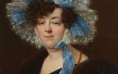 19th Century Continental School, Portrait of woman with blue bonnet, Oil on canvas laid to canvas