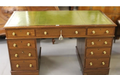 19th Century mahogany twin pedestal desk, with a green toole...