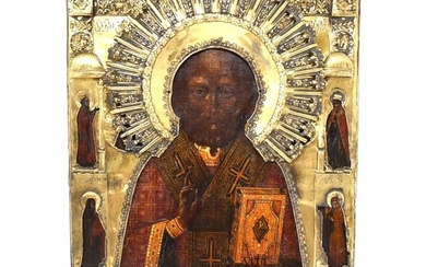 19th century Icon: Christ Pantocrator? and four votive Saints