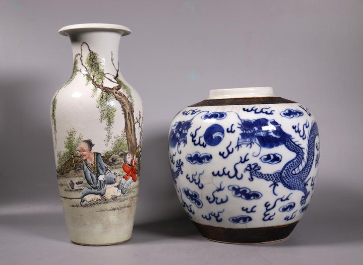 2 Chinese Porcelains Dragon Jar Enameled Vase