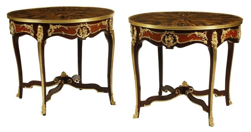 2) FRENCH LOUIS XV STYLE TIGER'S EYE INLAID TABLES