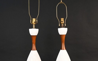 (2) MID-CENTURY CERAMIC & WALNUT TABLE LAMPS