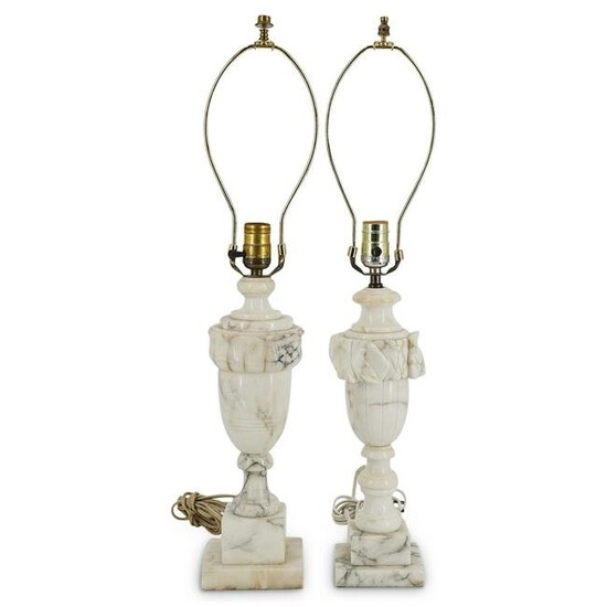 (2 Pc) Neoclassic Alabaster Marble Urn Table Lamps