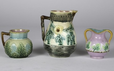 (2) SMALL MAJOLICA PITCHERS and (1) VASE