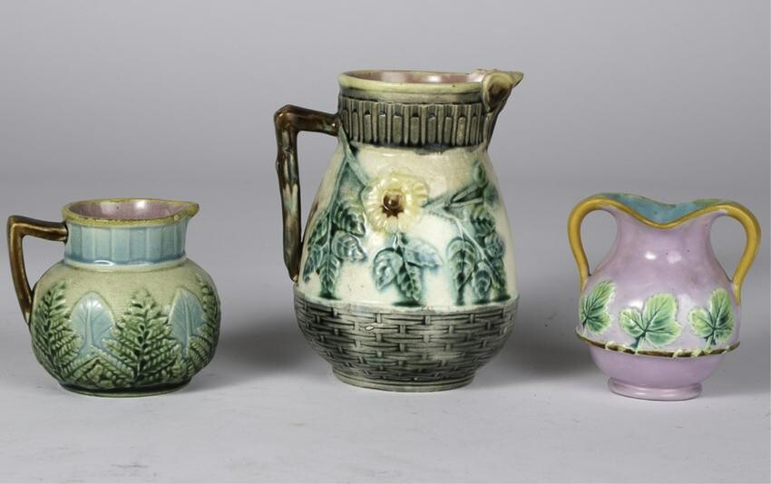 (2) SMALL MAJOLICA PITCHERS and (1) VASE