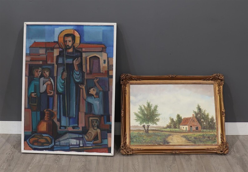 (-), 2 schilderijen: religieuze voorstelling en boerderij in...
