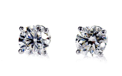 2.04 Ct G/SI1 Round Diamond Earrings - 14 kt. White gold - Earrings - Clarity enhanced Diamond