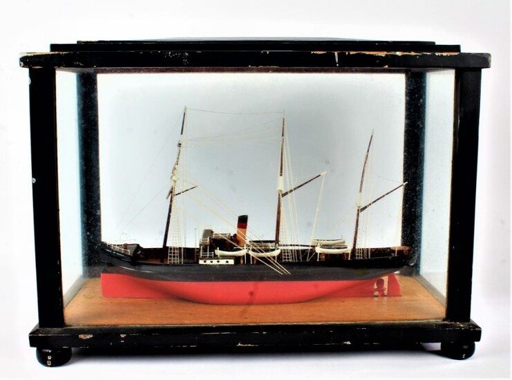 20th Century ships model, "State of Georgia" the vessel with three masts, six life boats, housed