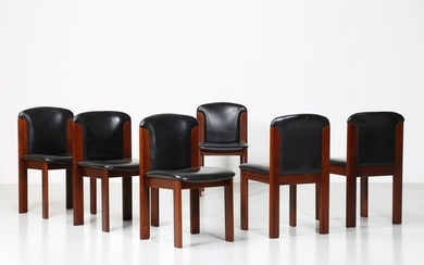 ITALIAN MANUFACTURE Six chairs. Walnut and leather…
