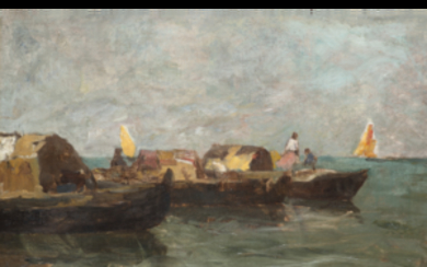 Pietro Fragiacomo ( Trieste 1856 - Venezia 1922 ) , "In laguna" olio su tela applicata a tavola (cm 40x59) Firmato in basso a destra Al retro: cartigli Provenienza: Eredi...