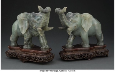 25041: Two Chinese Carved Spinach Jade Elephants with F