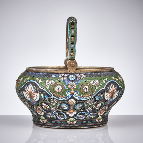 2858420. 11:E ARTELLEN. A Russian early 20th century silver-gilt and cloisonné enamel basket/bowl, mark of the 11th Artel, Moscow 1908-1917.