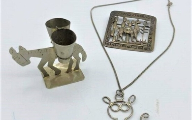 3 Assorted Silver: Donkey, Llama Brooch, Cat Necklace