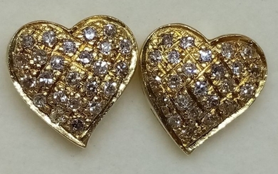 18 kt. Yellow gold, 750/1000 - Earrings, heart diamonds handcrafted screw closure - 1.00 ct 48 diamonds for 1.00 ct - Diamonds