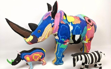 3pcs Patchwork Animal Sculptures. Foam Rhinoceros, Zebr