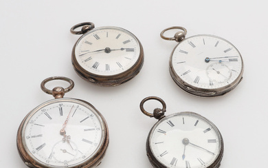 4 ANTIQUE MEN'S POCKET WATCHES WITH SILVER CASES, England and Switzerland, 1870/80's, anchor chain with key assignment.