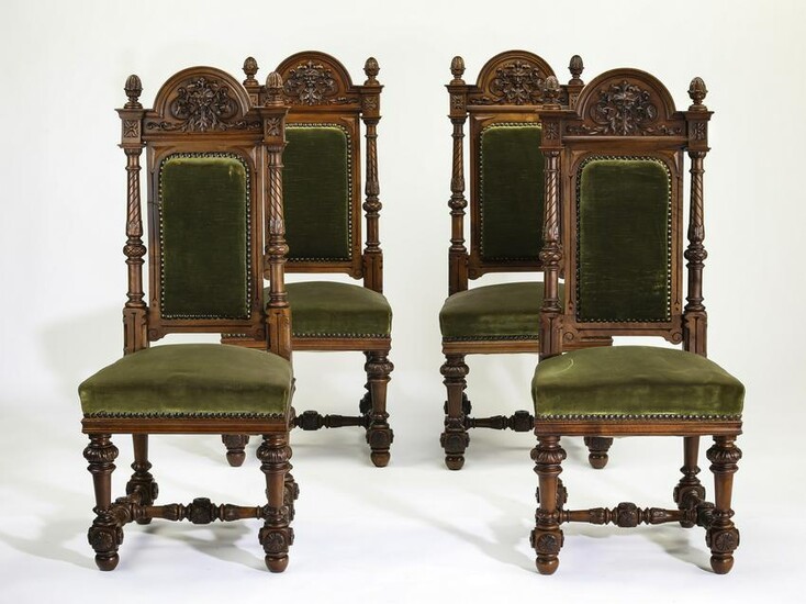 (4) French walnut and velvet upholstered side chairs