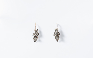 A pair of 14 carat gold, silver and rose diamond ear drops