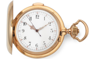 An 18K gold keyless wind quarter repeating full hunter pocket watch with centre seconds