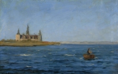Carl LOCHER Lensborg, 1851- Skagen, 1915 Marine avec pêcheur devant le château de Kronborg