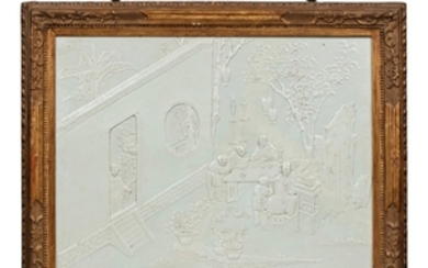 CHINE中国 十九世纪 白釉雕漆高士夜宴图瓷板 XIXE SIÈCLE