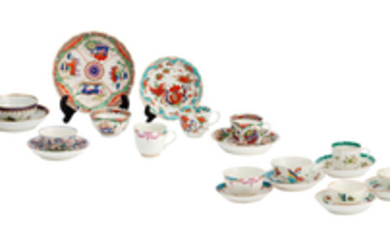 A collection of various Worcester polychrome tea bowls, tea cups and saucers