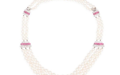 A CULTURED PEARL, RUBY AND DIAMOND NECKLACECompose…