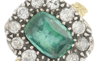 A cushion-shape emerald and old-cut diamond cluster ring.