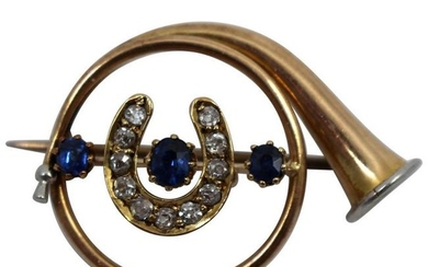 Edwardian Diamond and Sapphire Gold Hunting Horn Brooch