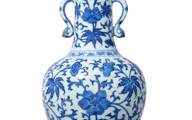 An extremely rare imperial blue and white 'musk-mallow and lingzhi' vase