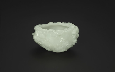 A FINELY CARVED WHITE JADE 'PRUNUS' WASHER, 18TH-19TH CENTURY