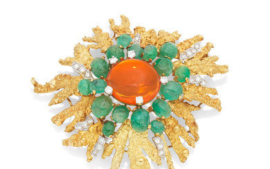 A fire opal, emerald and diamond brooch,, by Grima, 1968