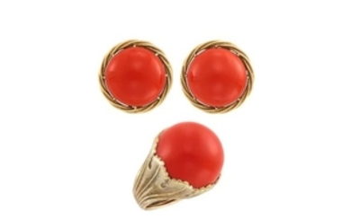 Pair of Gold and Oxblood Coral Earclips and Ring